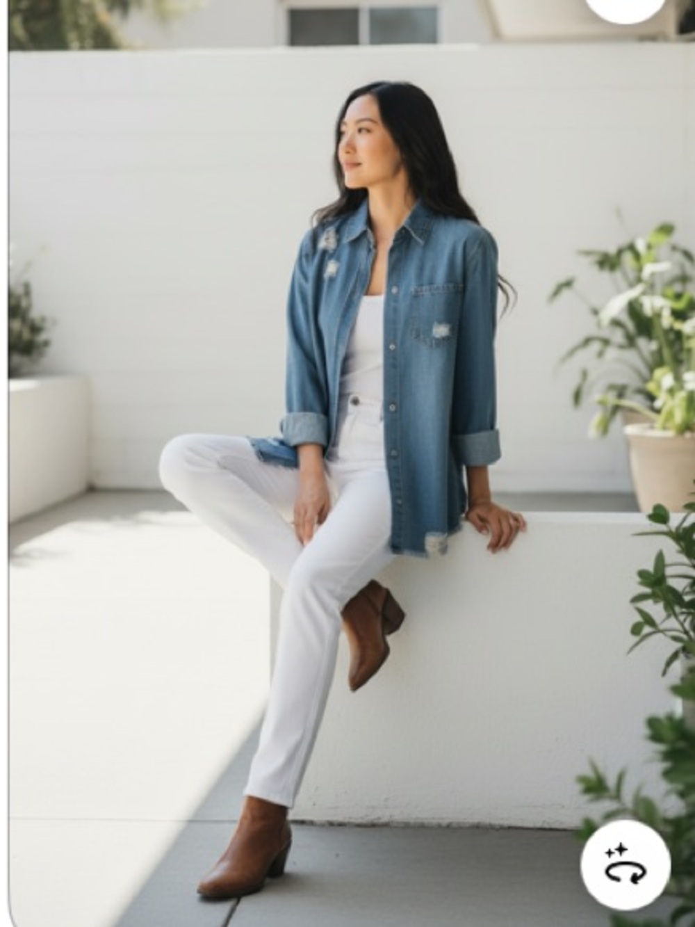 Distressed Blue Denim Snap Up Shirt Size M